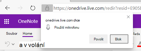 Snímek obrazovky s oprávněními k diktování v OneNotu