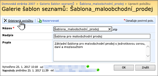 Stránka upravit šablonu seznamů se zvýrazněnou položkou odstranit