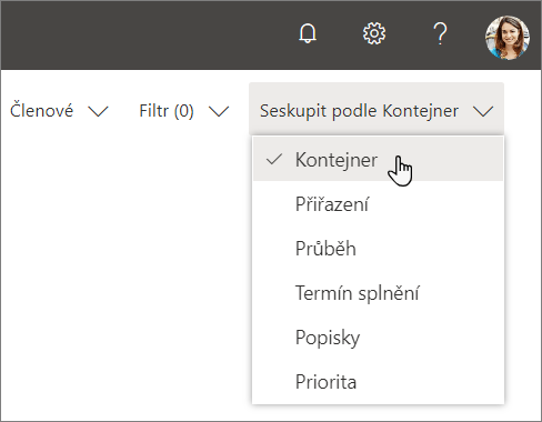 Snímek obrazovky s rozevíracím seznamem Seskupit podle v Planneru, výběr kontejneru