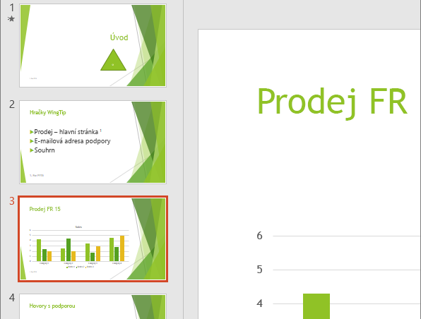 Zobrazuje podokno snímků v PowerPointu s vybraným třetím snímkem.