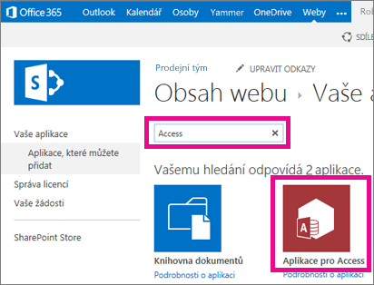 Hledání aplikace pro Access ze stránky Přidat aplikaci v SharePointu