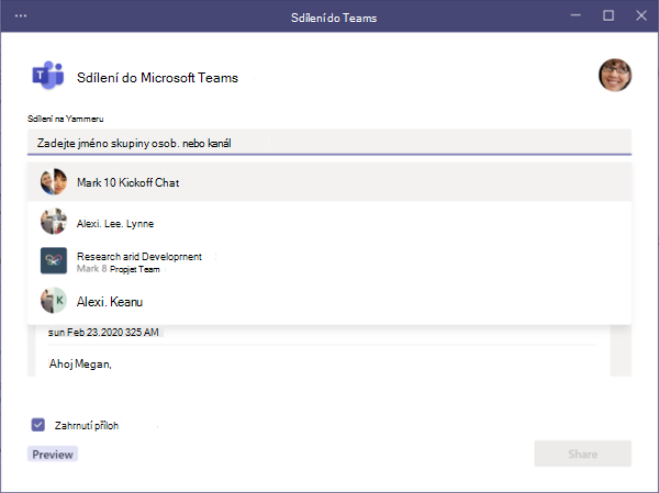 Sdílet do Teams – obrazovka pro výběr příjemců