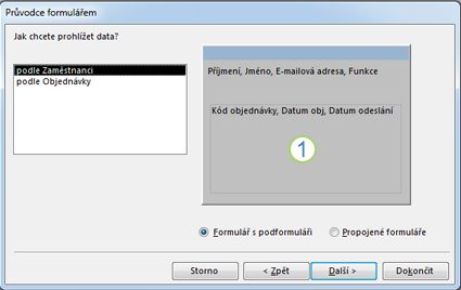 Stránka podformuláře v Průvodci formuláře
