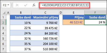 Obrázek funkce XLOOKUP, která se používá k vrácení sazby daně na základě maximálního příjmu. Toto je přibližná shoda. Vzorec je: =XLOOKUP(E2,C2:C7,B2:B7,1,1)