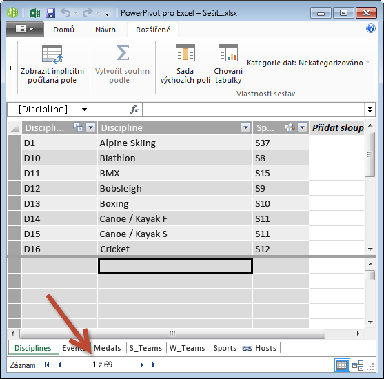 Power Pivot ukazuje počet záznamů