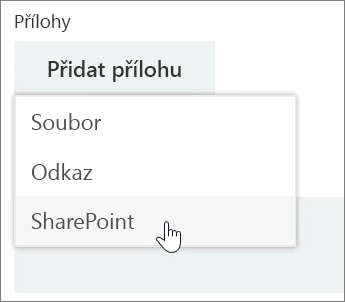 Snímek obrazovky s oknem úkolu, ve kterém je oblast Přílohy s otevřeným seznamem Připojit