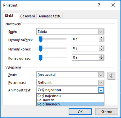 Na kartě Efekt klikněte na Po písmenu.