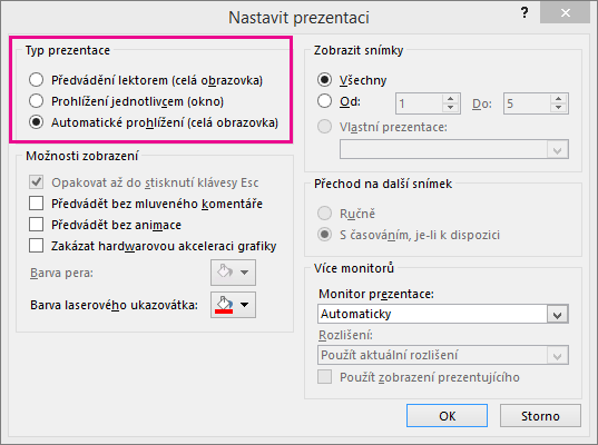 Ukazuje dialogové okno pro automatickou prezentaci v PowerPointu.