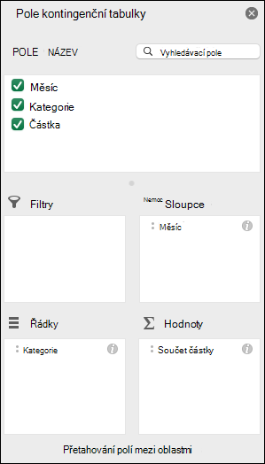 Příklad dialogového okna polí kontingenční tabulky v Excelu