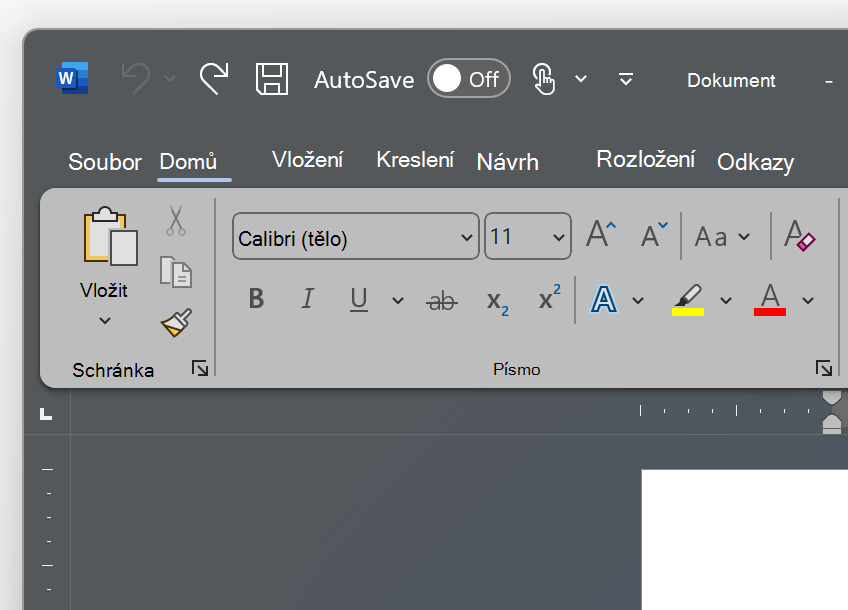 Snímek obrazovky levého horního rohu Word v tmavě šedém motivu.