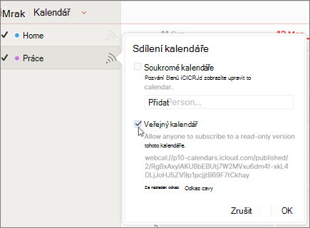 Nastavení veřejného kalendáře v iCloudu