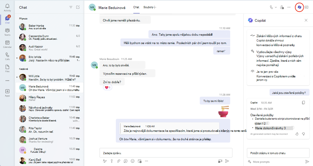 Zobrazení Copilota v chatu v Teams