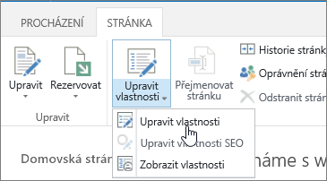 Karta Stránka otevřená na pásu karet se zvýrazněnou možností Upravit vlastnosti