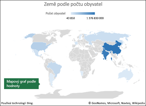 Mapový graf Excelu s údajem hodnoty