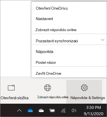 Snímek obrazovky, který ukazuje, jak se dostat k nastavení OneDrivu