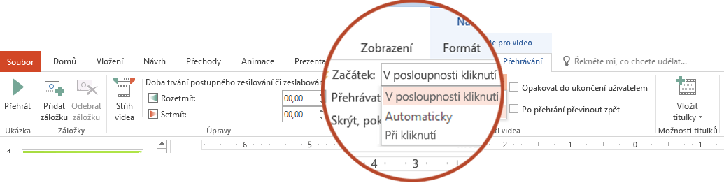 U videa z počítače máte následující možnosti přehrávání: V posloupnosti kliknutí, Automaticky nebo Při kliknutí.