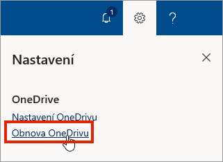 Nabídka nastavení v online verzi OneDrivu pro firmy se zvýrazněnou volbou Obnovit