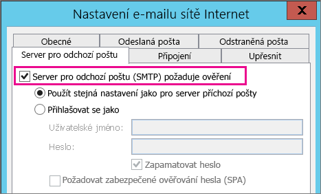 Vyberte Server pro odchozí poštu požaduje ověření.