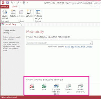 Možnosti existujícího zdroje dat na stránce Přidat tabulky