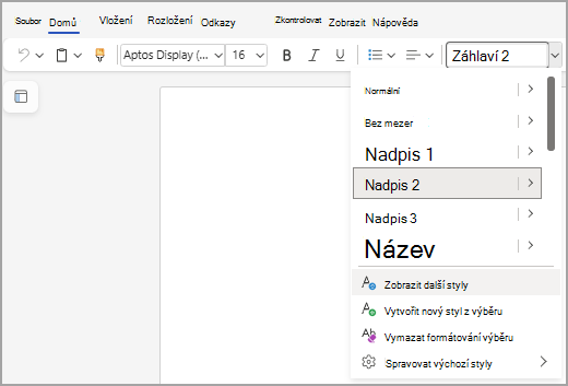 Zobrazuje seznam Styly v Word pro web se zvýrazněnou možností Zobrazit další styly v dolní části seznamu.