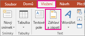 Zobrazuje tlačítko Vložit > Záhlaví v PowerPointu.