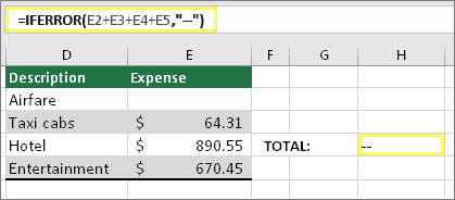 Buňka H4 se vzorcem =IFERROR(E2+E3+E4+E5,"--")