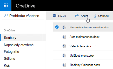 Snímek obrazovky s vybraným souborem a tlačítkem Sdílet ve OneDrivu.