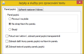 Textové služby a vstupní jazyky ve Windows 8 s Office 2016