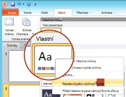 Klikněte pravým tlačítkem na nový motiv uvedený pod nadpisem Vlastní a pak zvolte Nastavit jako výchozí motiv.