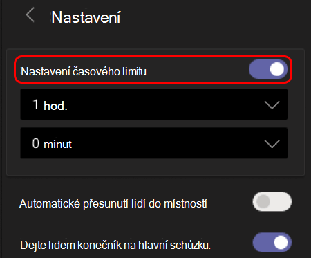 Obrázek ukazuje, jak nastavit časový limit pro oddělené místnosti.