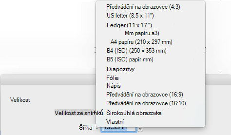 V dialogovém okně Vzhled stránky je několik předdefinovaných možností velikosti snímku.