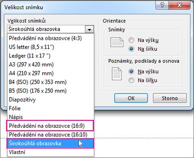 Širokoúhlá obrazovka nebo Předvádění na obrazovce (16:9)