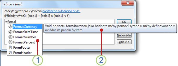 Rozevírací seznam IntelliSense a rychlá nápověda