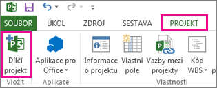 Karta na pásu karet s příkazem Vložit dílčí projekt