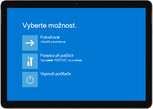 Modrá obrazovka s možnostmi pokračovat, vyřešit potíže nebo vypnout váš počítač.