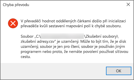 Toto je chybová zpráva, která se zobrazí, pokud soubor CSV obsahuje špatně formátovaná data.