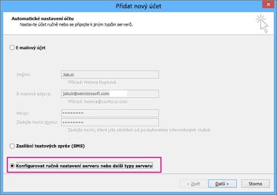 Vyberte Konfigurovat ručně nastavení serveru nebo další typy serveru.