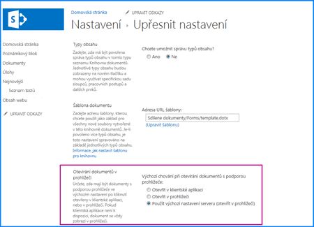 Obrazovka stránky Upřesnit nastavení pro knihovnu dokumentů SharePointu