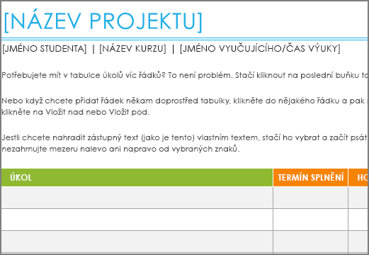 Starší šablona seznamu úkolů projektu s minimální velikostí písma 8,5 bodů