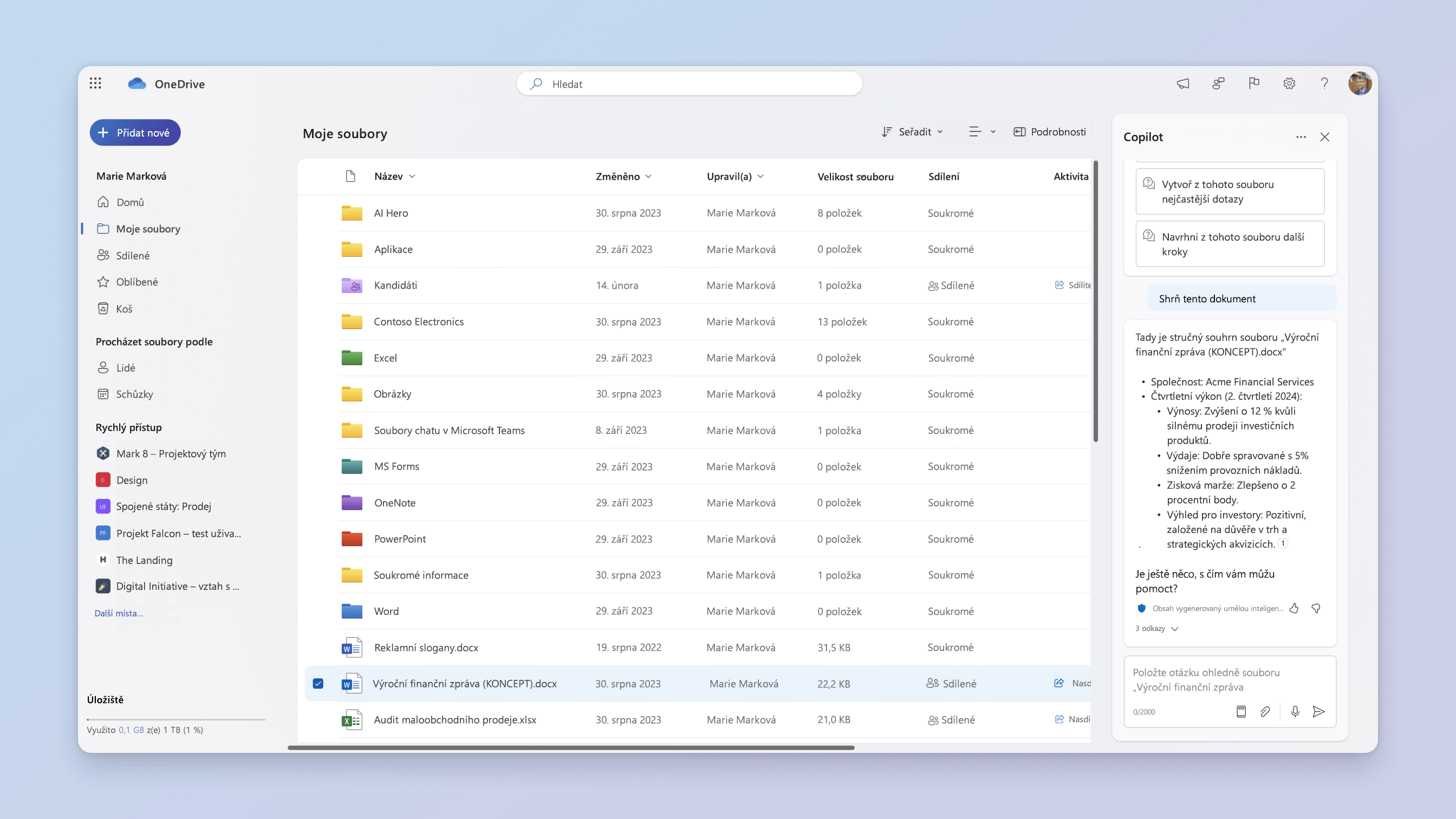 Snímek obrazovky s dotazem na funkci souborů OneDrivu pro Copilot