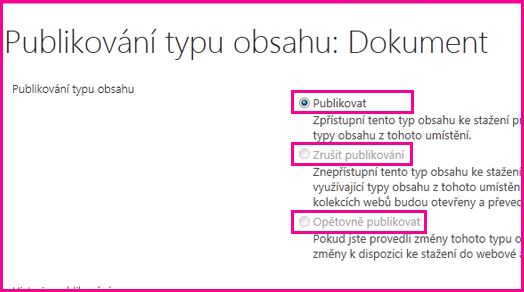 Na stránce Typy obsahu v centrální lokalitě můžete publikovat, opětovně publikovat nebo zrušit publikování typů obsahu.