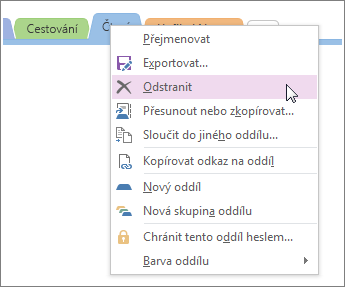 Screenshot of how to delete a section in OneNote 2016.