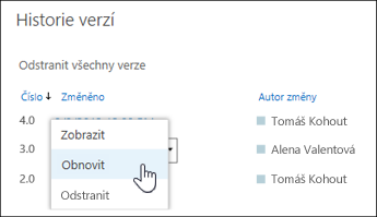 Výběr možnosti Obnovit z rozevírací nabídky u vybrané verze dokumentu