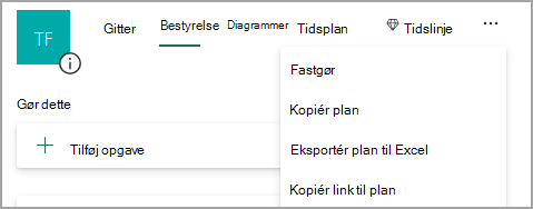 Viser en Planner side med listen Mere udvidet. Listen indeholder "Kopiér link til plan".