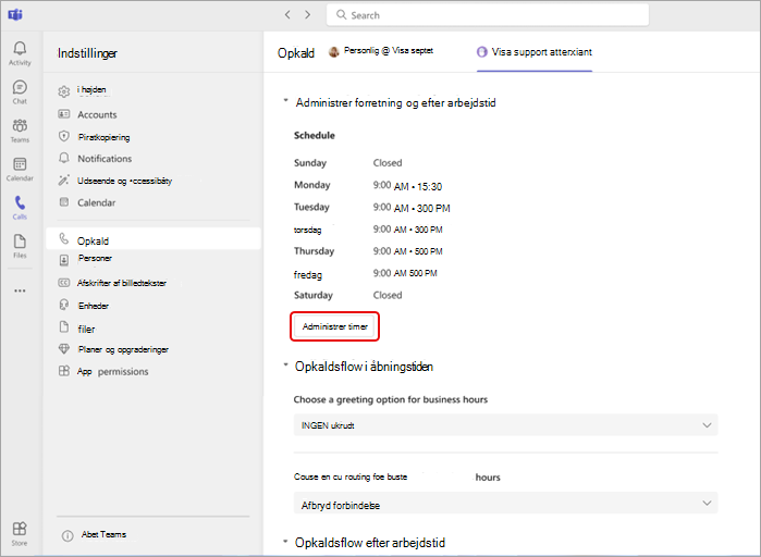 Skærmbillede, der viser, hvordan du administrerer åbningstider