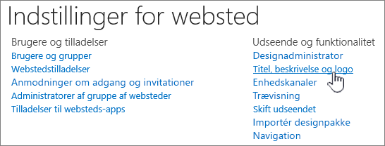 Indstillinger for websted med titel, beskrivelse, logo valgt