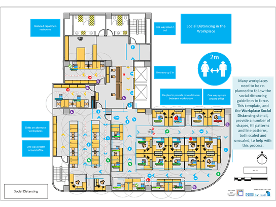 Visio-skabelon til en plantegning med social afstand.