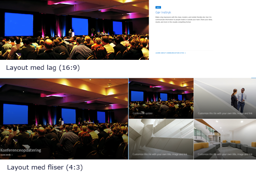 Eksempel på hero-webdelsbilleder i layoutene Lag og Felter