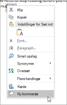 Vælg Ny kommentar i genvejsmenuen