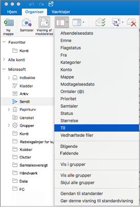 Sortér dine mails på forskellige måder ved at klikke på Organiser > Arranger efter > og derefter vælge på listen med indstillinger